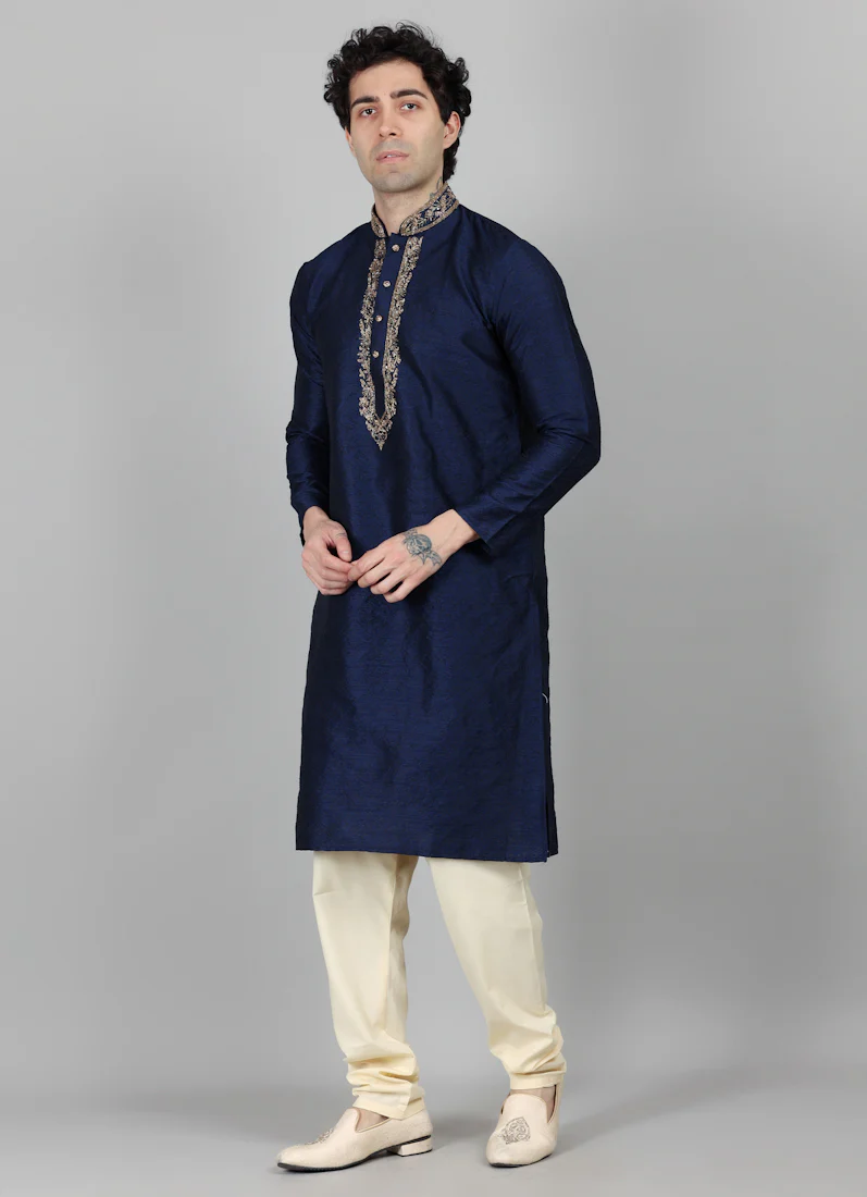 Men's Navy Blue Jacquard Gold Embroidered Kurta Payjama Set - Image 3