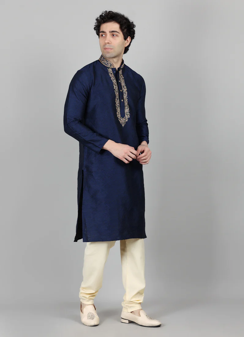Men's Navy Blue Jacquard Gold Embroidered Kurta Payjama Set - Image 4