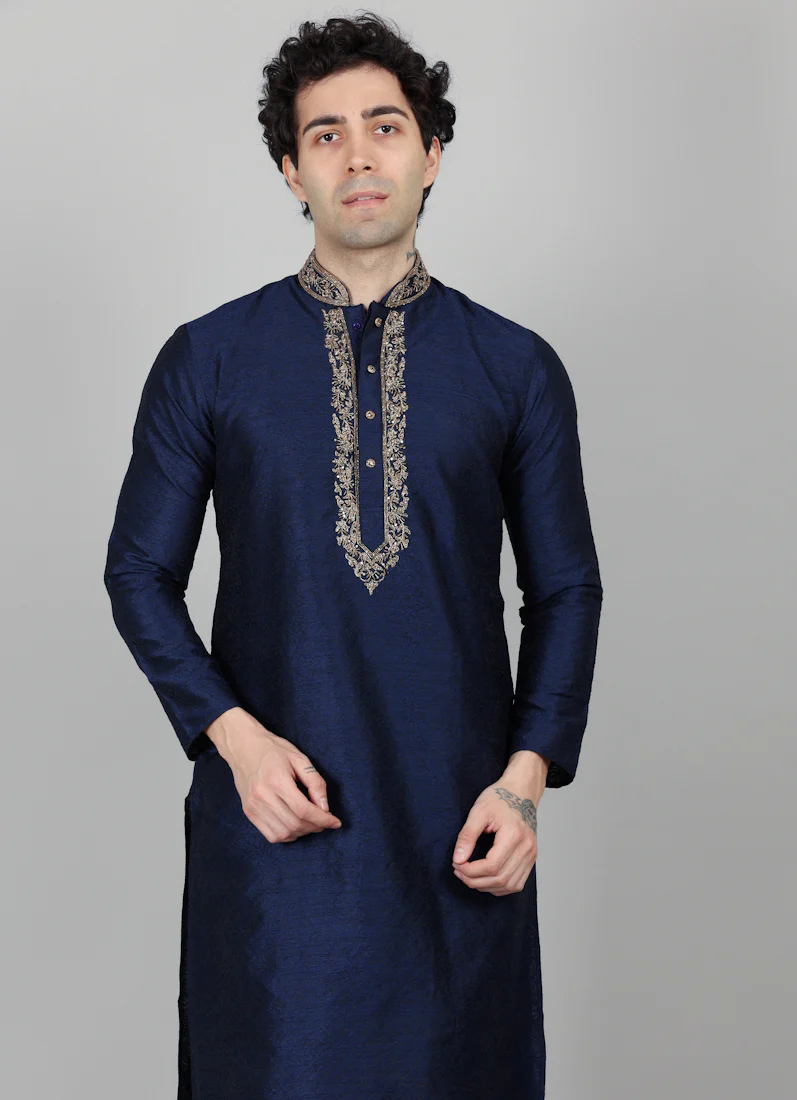 Men's Navy Blue Jacquard Gold Embroidered Kurta Payjama Set - Image 5