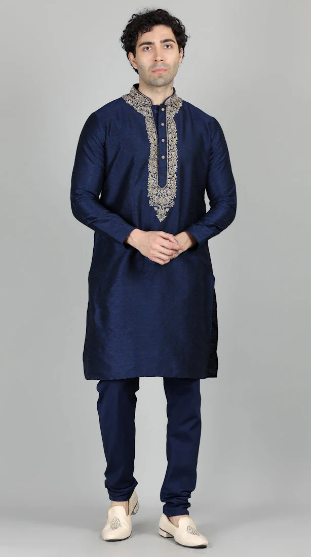 Men's Navy Blue Jacquard Gold Embroidered Set - Image 2