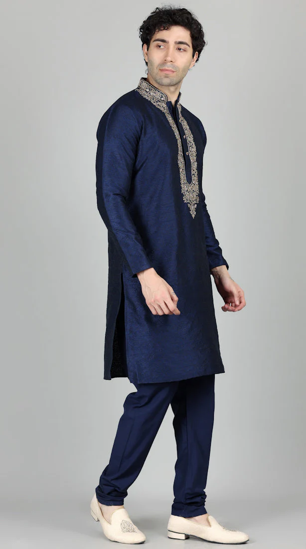 Men's Navy Blue Jacquard Gold Embroidered Set - Image 3