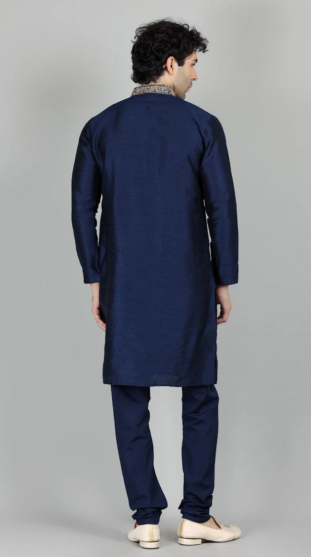 Men's Navy Blue Jacquard Gold Embroidered Set - Image 4