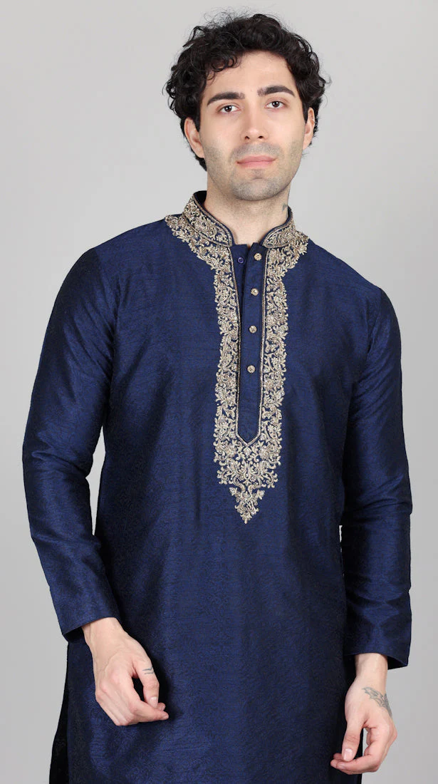 Men's Navy Blue Jacquard Gold Embroidered Set - Image 5