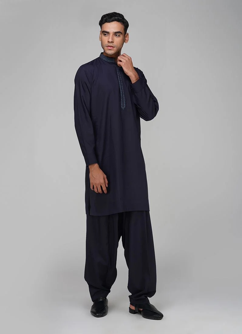 Men's Navy Blue Polyester Embroidered Kurta Set - Image 2