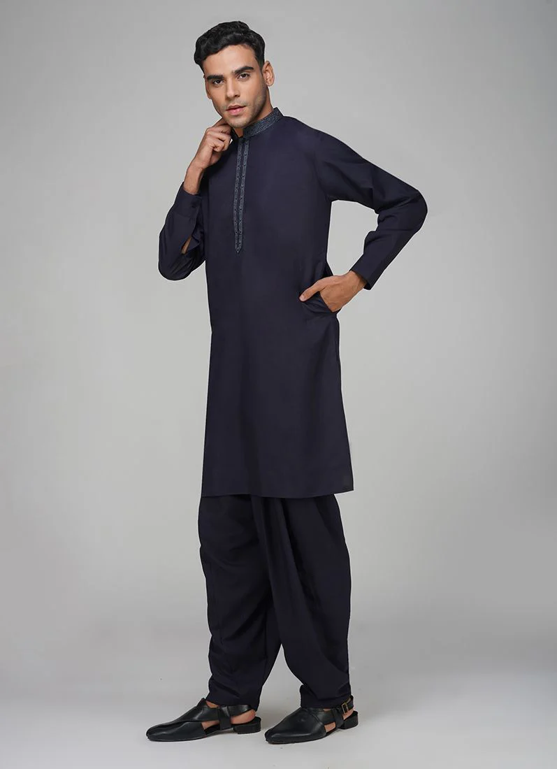 Men's Navy Blue Polyester Embroidered Kurta Set - Image 3