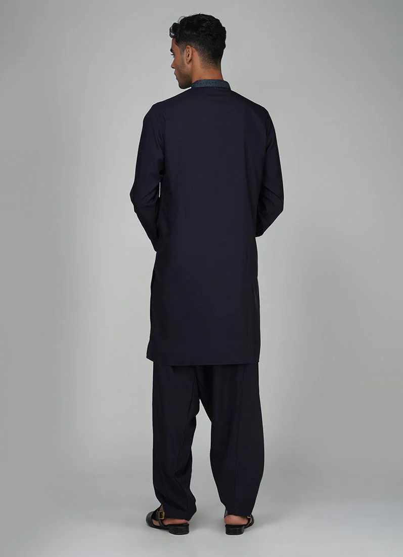 Men's Navy Blue Polyester Embroidered Kurta Set - Image 4