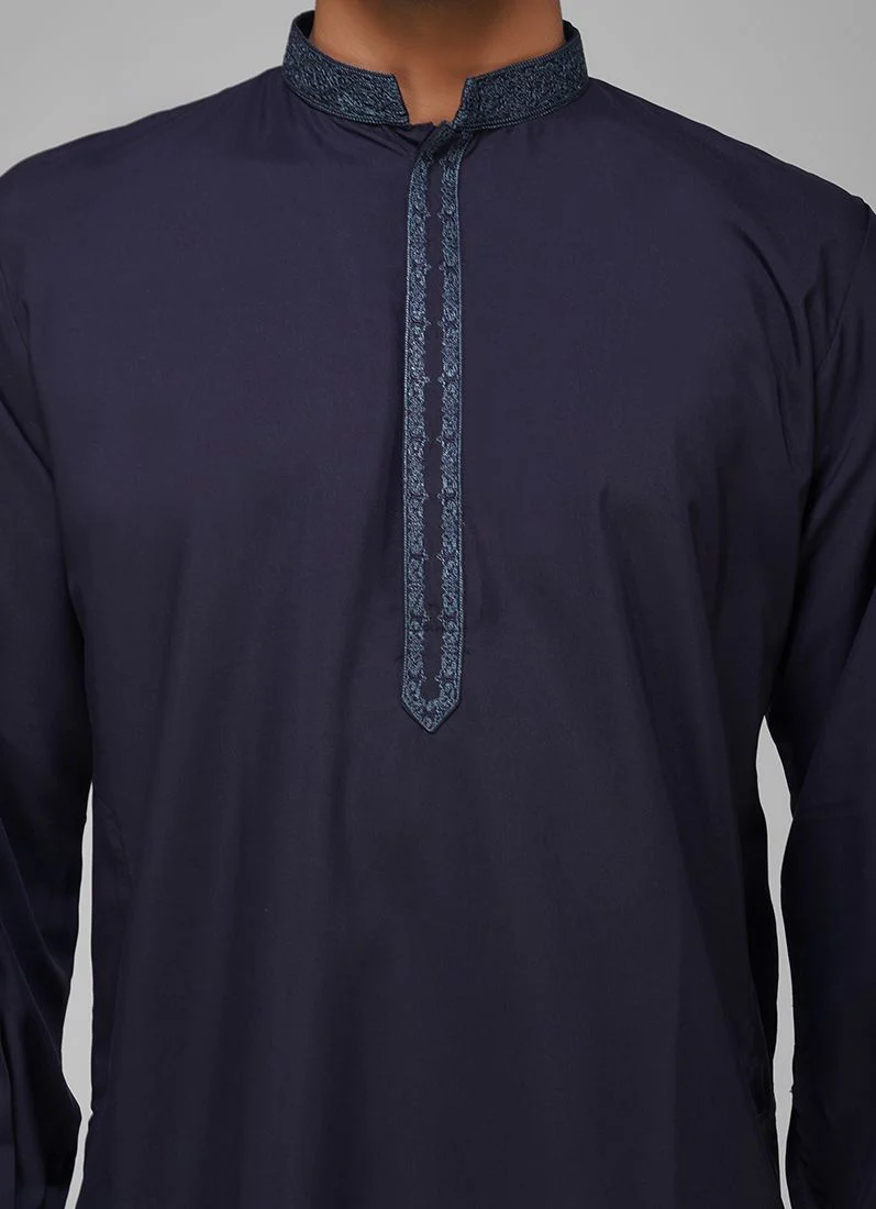 Men's Navy Blue Polyester Embroidered Kurta Set - Image 5