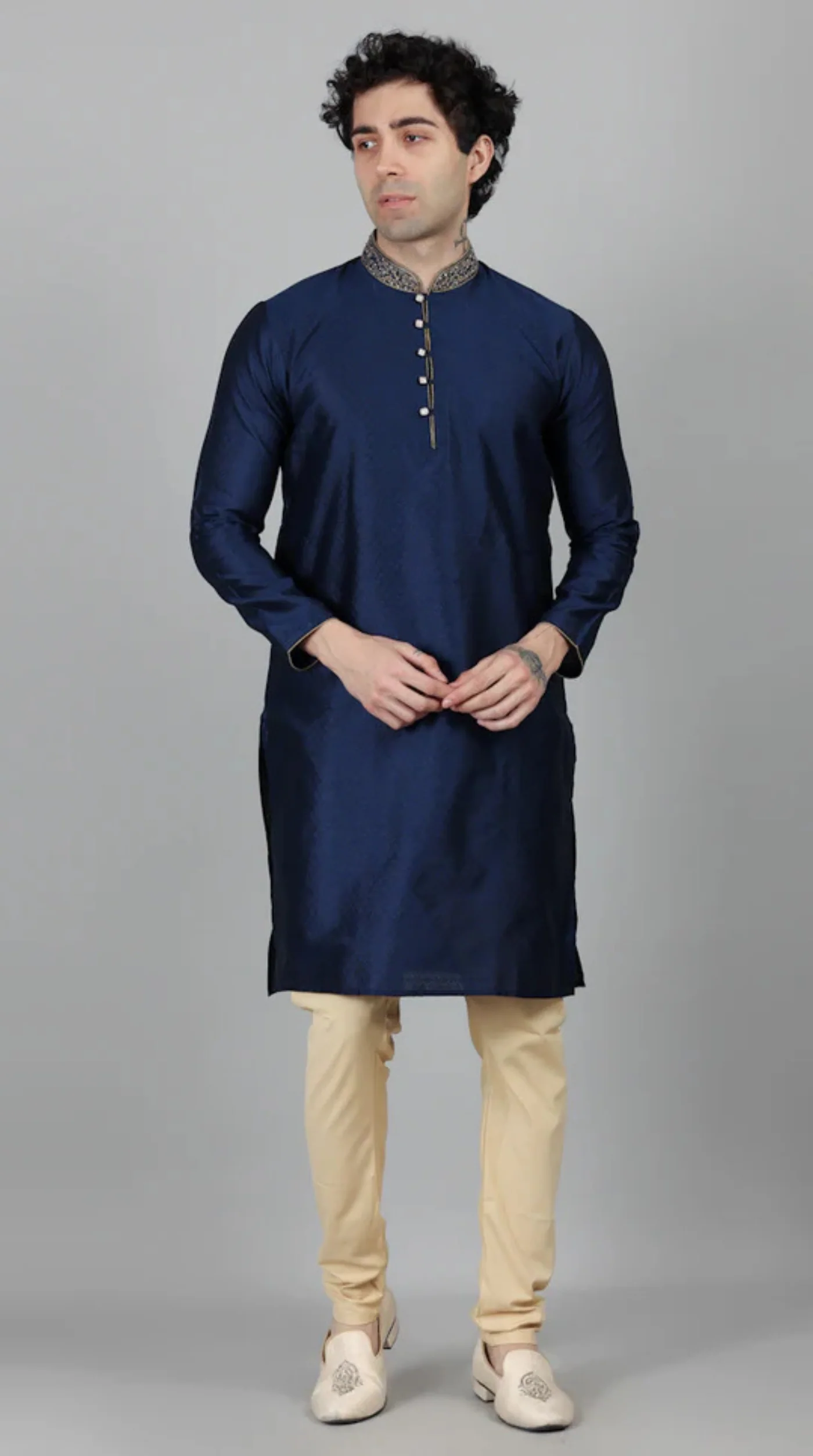 Men's Navy Blue Self Resham Jacquard Embroidered Set - Image 4