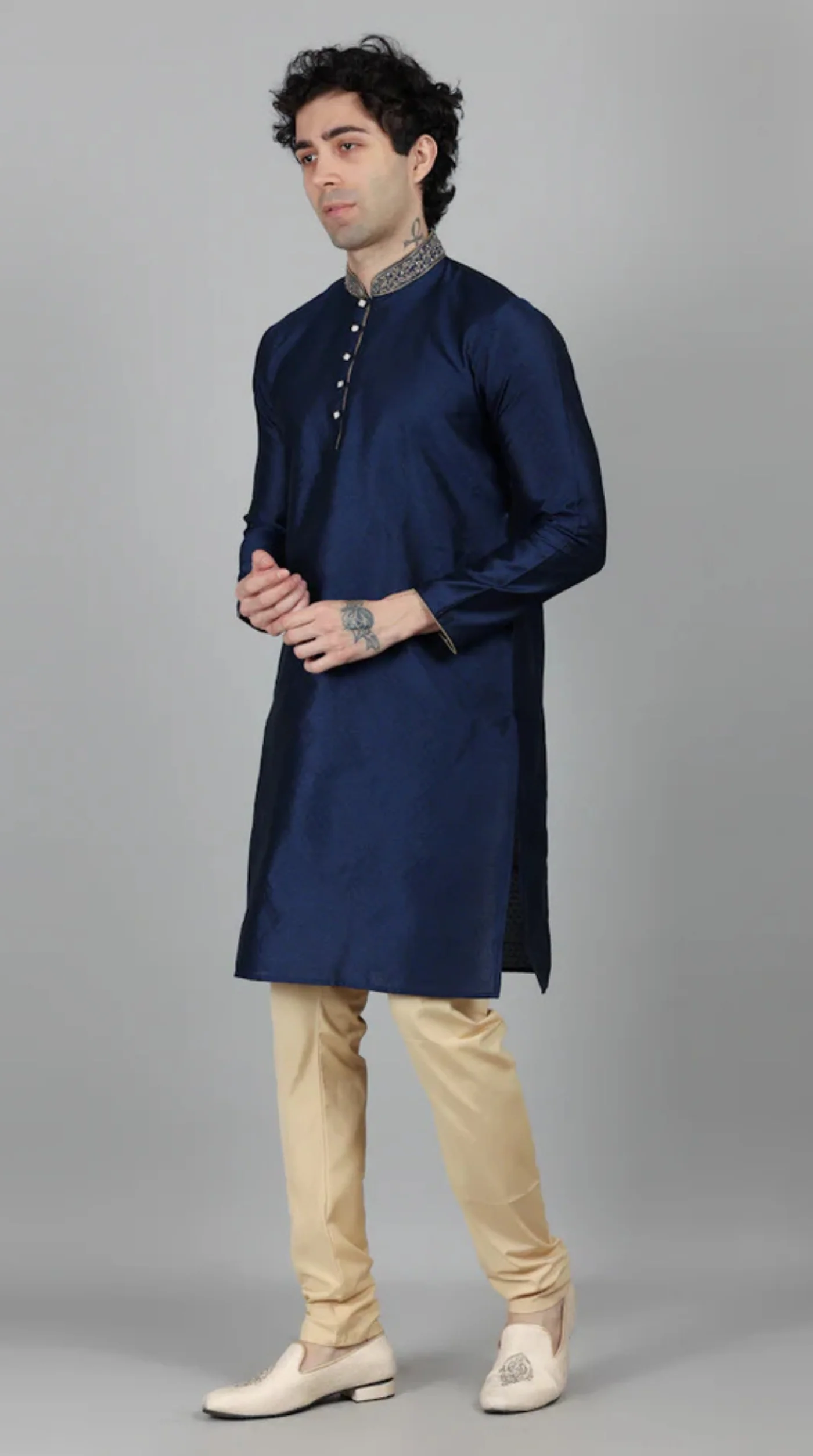Men's Navy Blue Self Resham Jacquard Embroidered Set - Image 5
