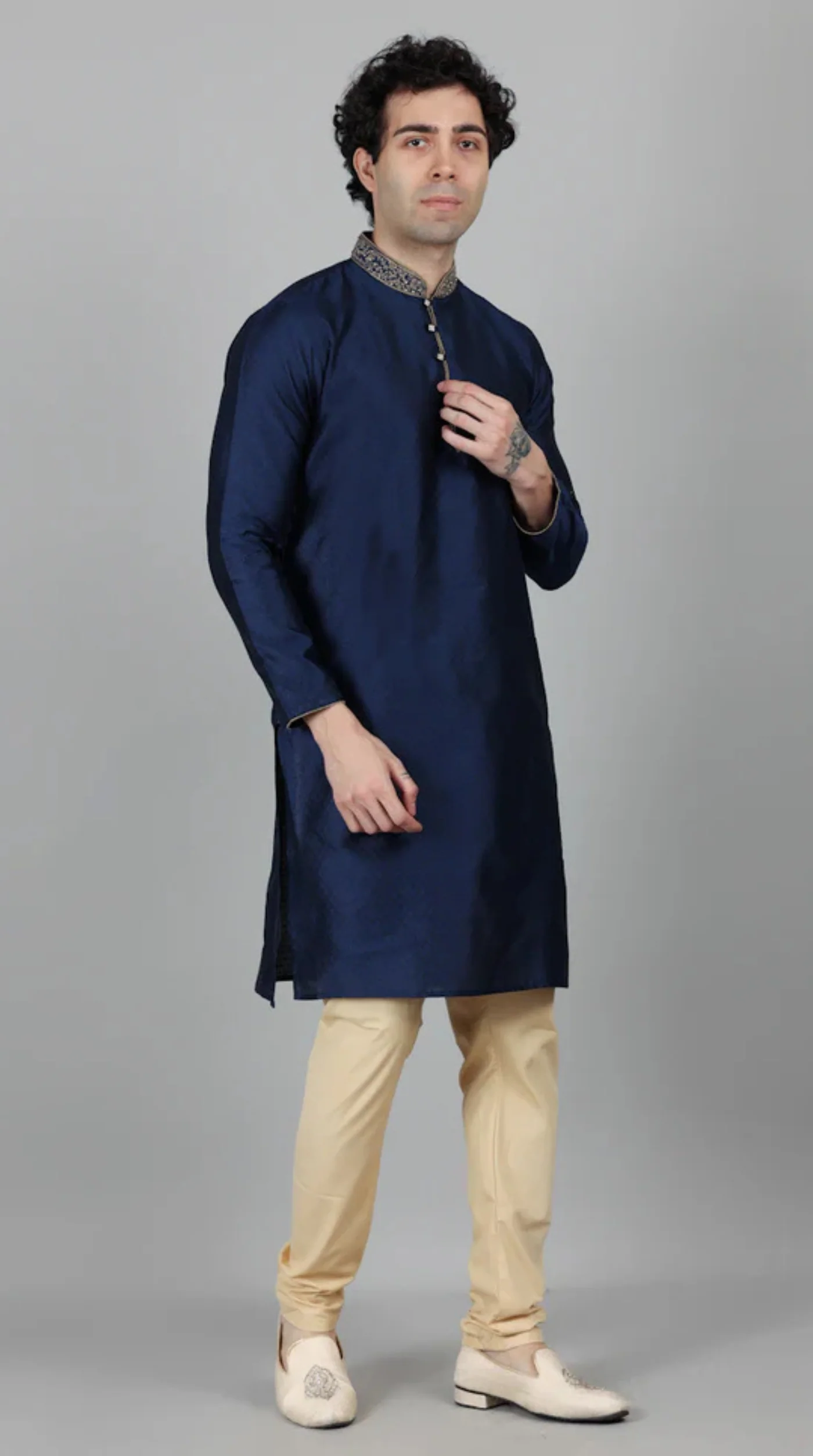 Men's Navy Blue Self Resham Jacquard Embroidered Set - Image 6