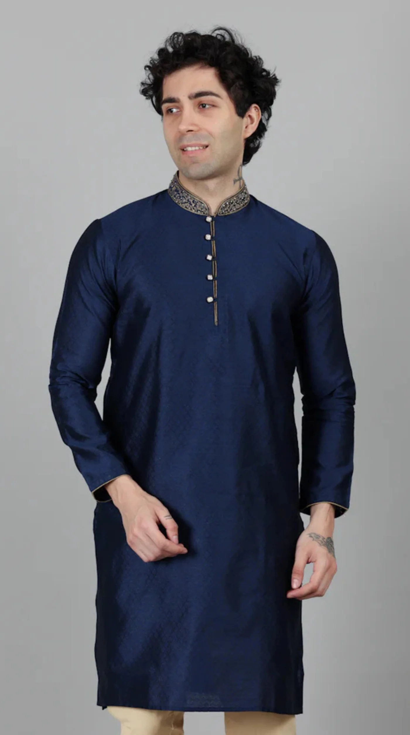 Men's Navy Blue Self Resham Jacquard Embroidered Set - Image 7
