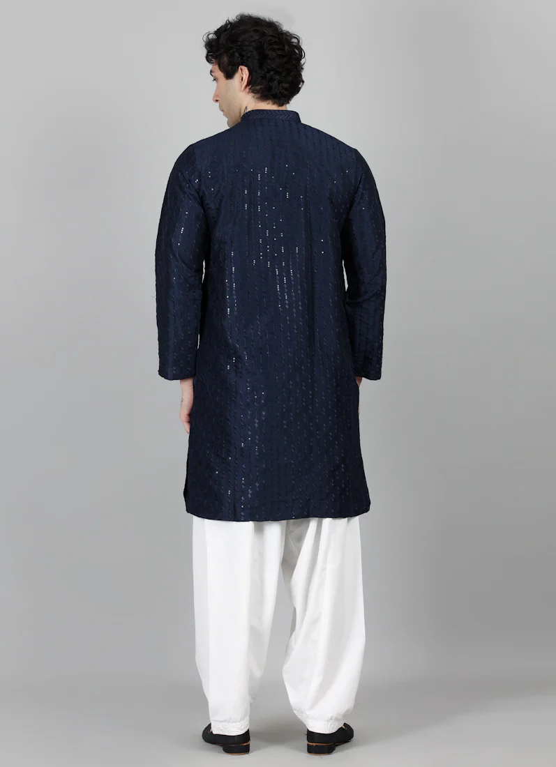Men's Navy Blue Sequin Embroidered Kurta Salwar Set - Image 2