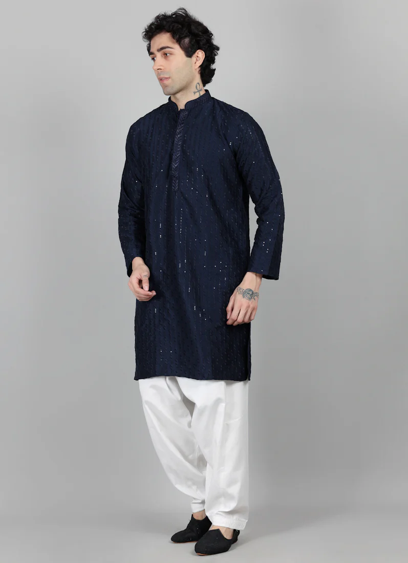 Men's Navy Blue Sequin Embroidered Kurta Salwar Set - Image 3