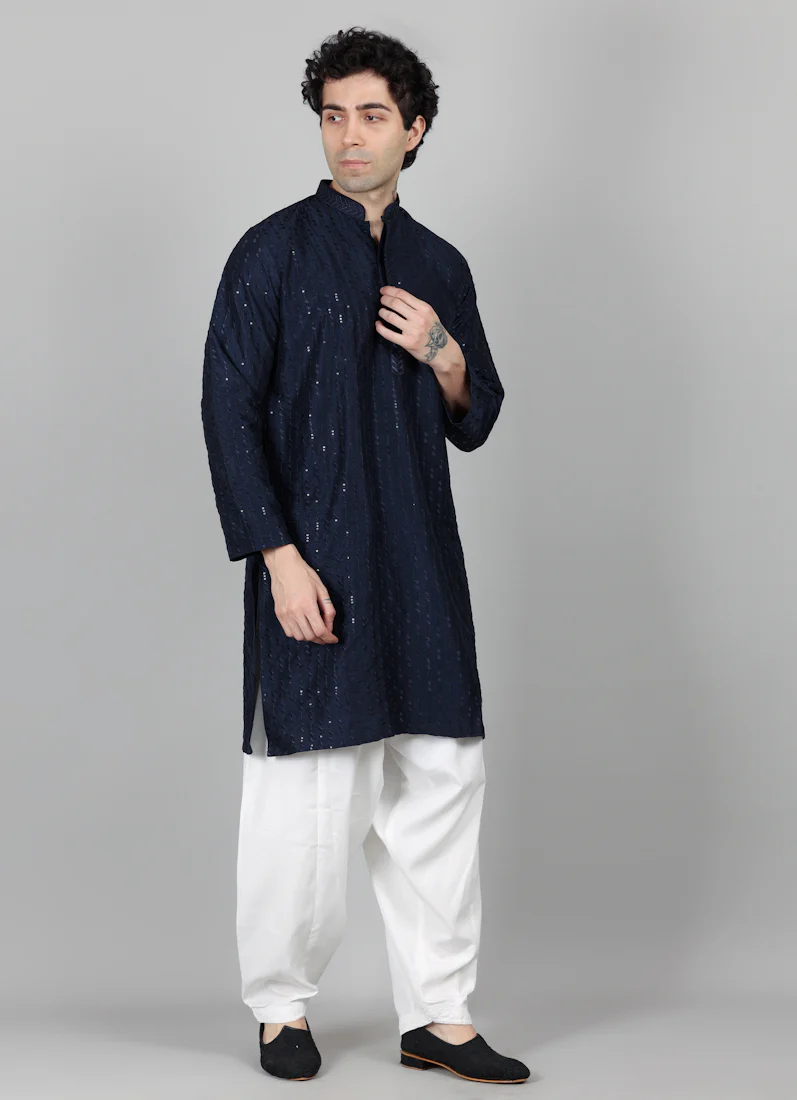 Men's Navy Blue Sequin Embroidered Kurta Salwar Set - Image 4
