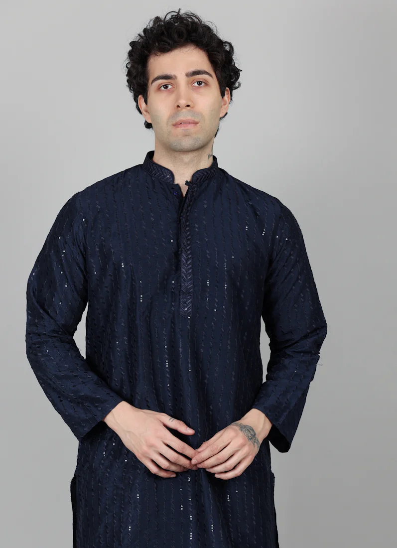 Men's Navy Blue Sequin Embroidered Kurta Salwar Set - Image 5