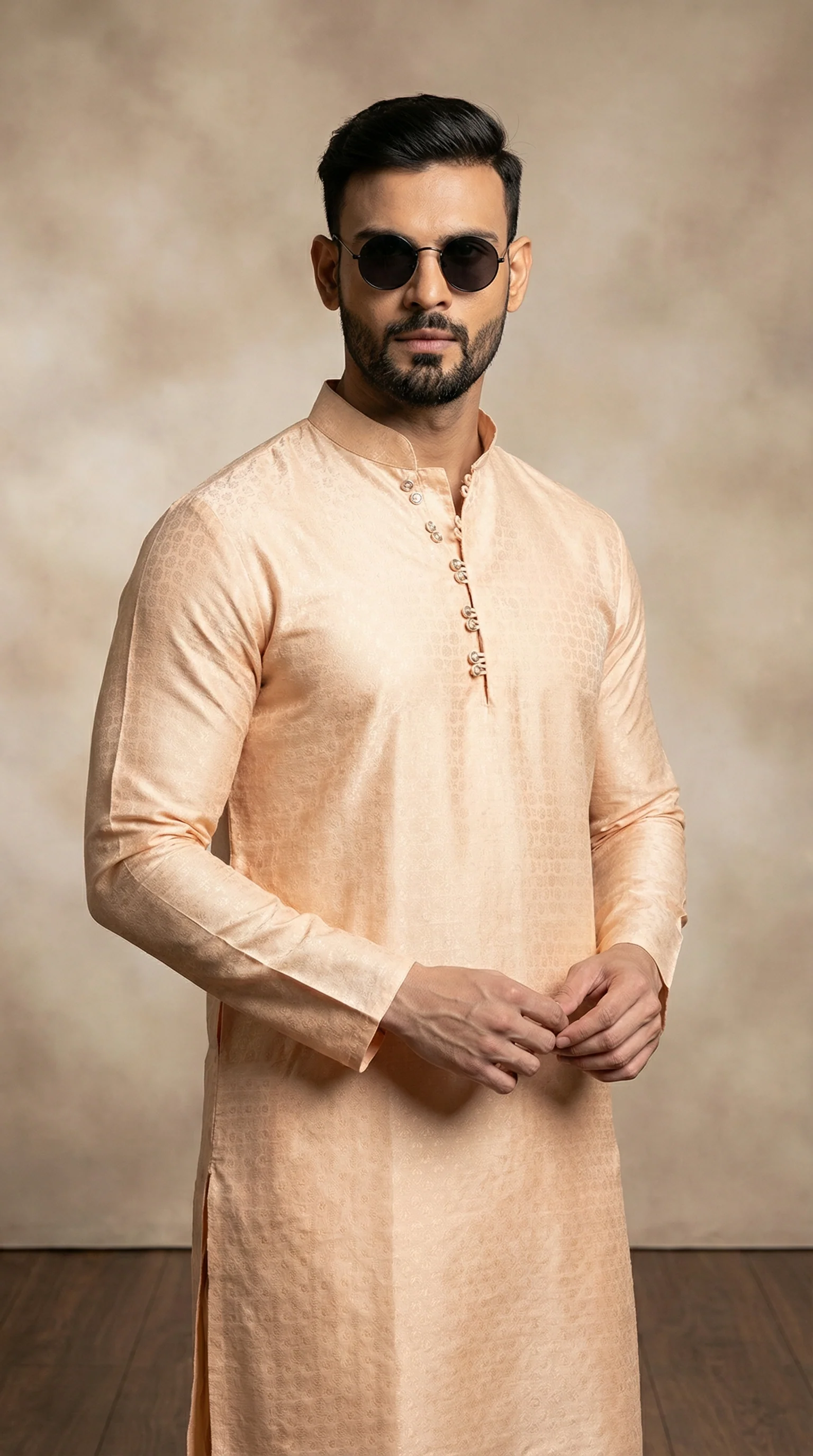 Men's Peach Brocade Kurta Payjama Set - Image 2