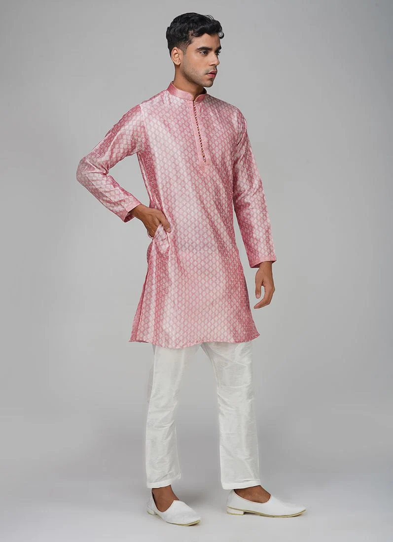 Men's Pink Jacquard Kurta Set - Image 2