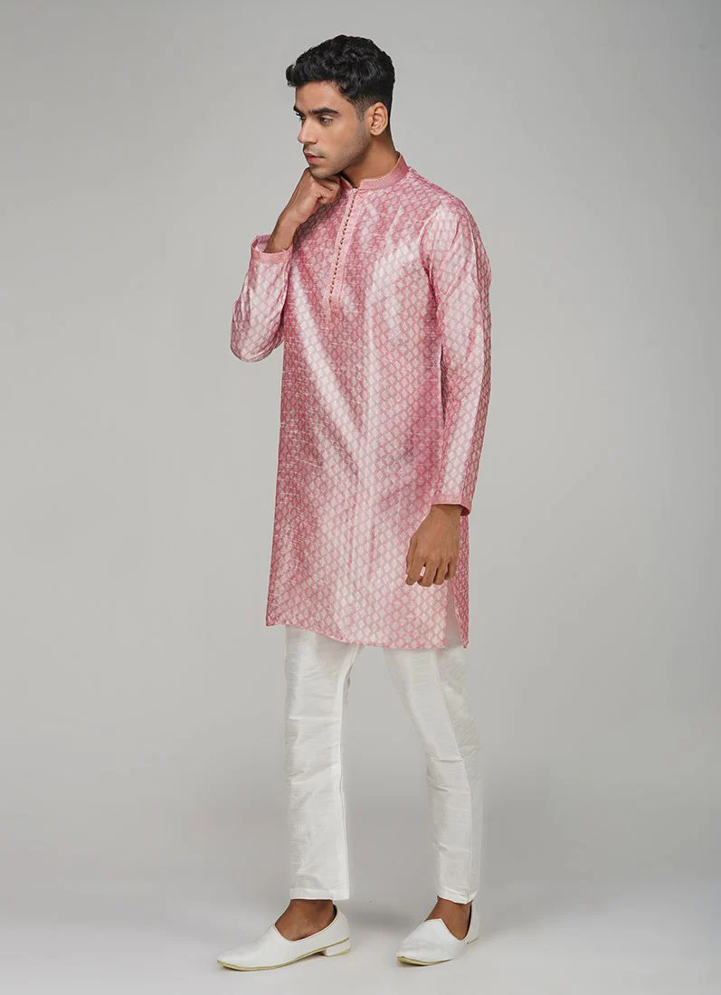 Men's Pink Jacquard Kurta Set - Image 3