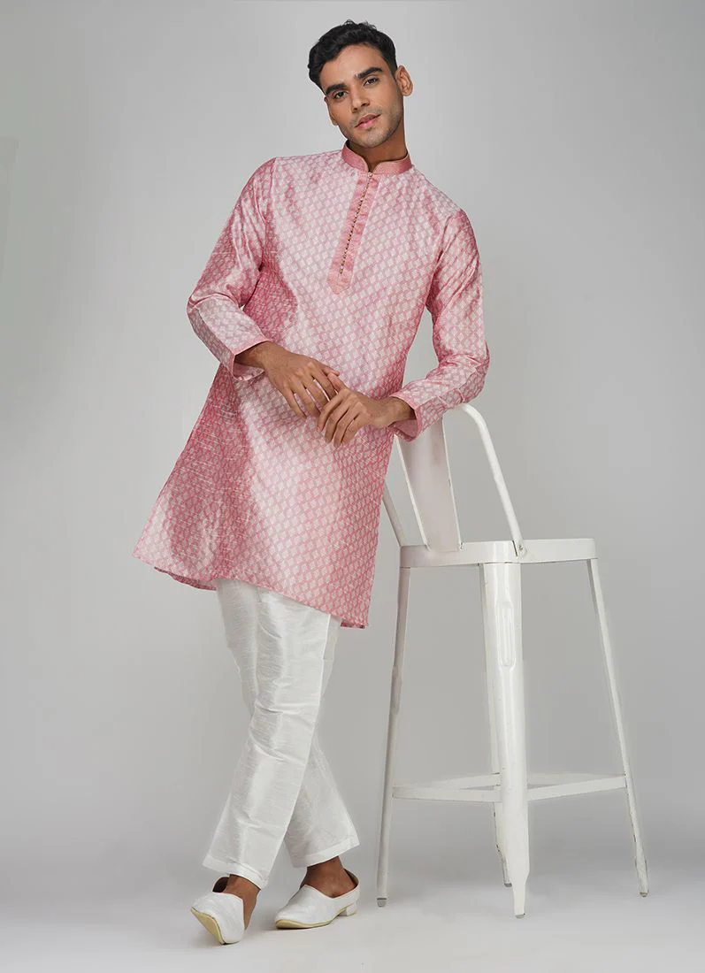 Men's Pink Jacquard Kurta Set - Image 4