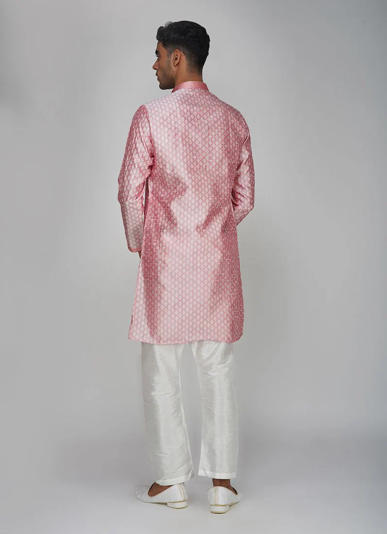 Men's Pink Jacquard Kurta Set - Image 5