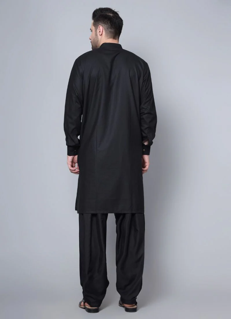 Men's Plain Black Button Down Kurta Salwar Set - Image 2