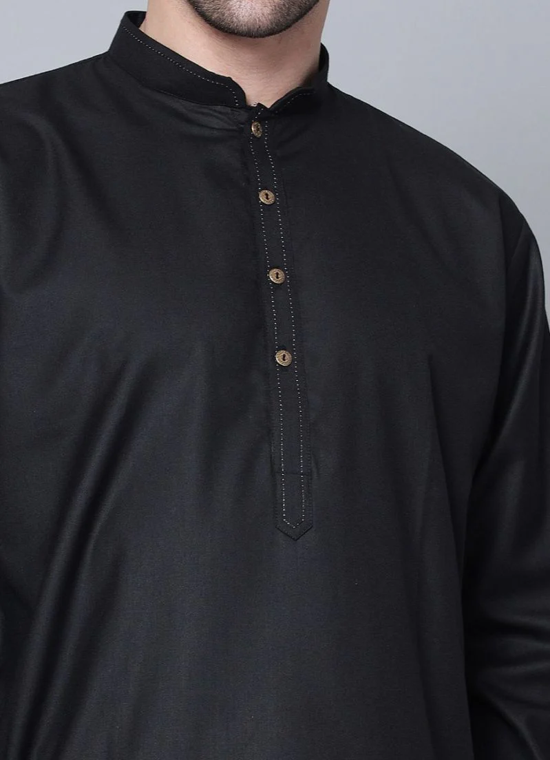 Men's Plain Black Button Down Kurta Salwar Set - Image 3