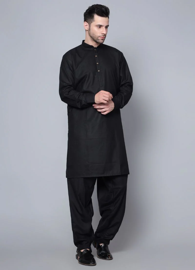 Men's Plain Black Button Down Kurta Salwar Set - Image 4