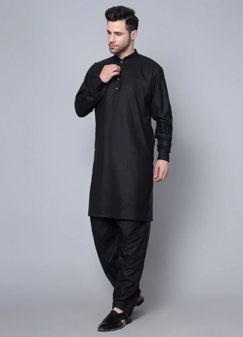 Men's Plain Black Button Down Kurta Salwar Set - Image 5