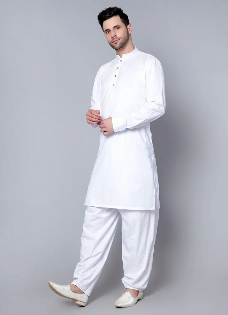 Men's Plain White Button Down Kurta Salwar Set - Image 2