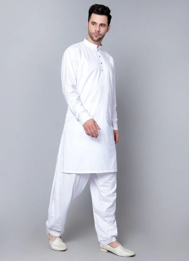 Men's Plain White Button Down Kurta Salwar Set - Image 3