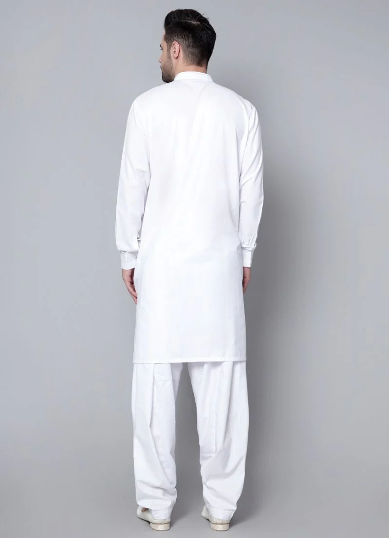 Men's Plain White Button Down Kurta Salwar Set - Image 4