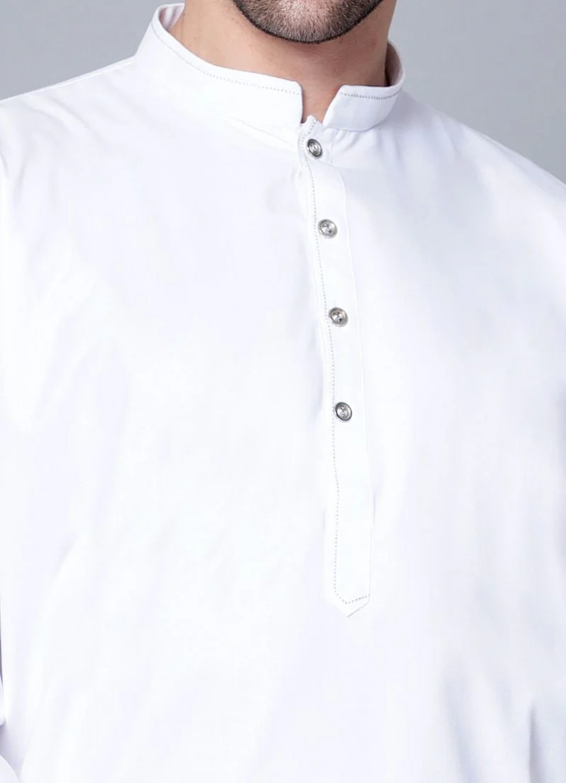 Men's Plain White Button Down Kurta Salwar Set - Image 5