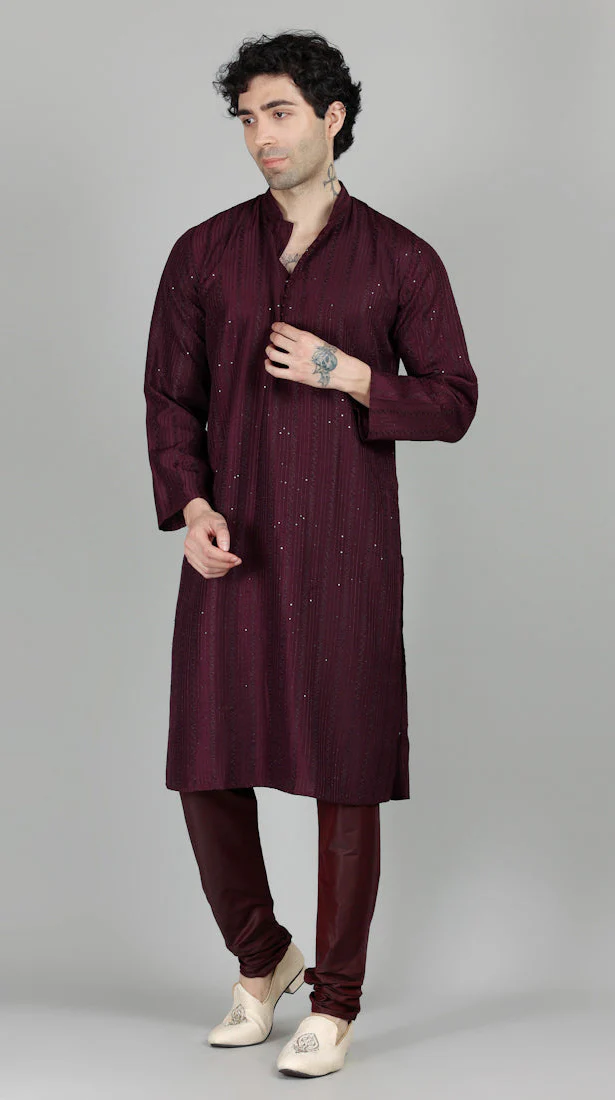 Men's Purple Sequin Embroidered Kurta Payjama Set - Image 2