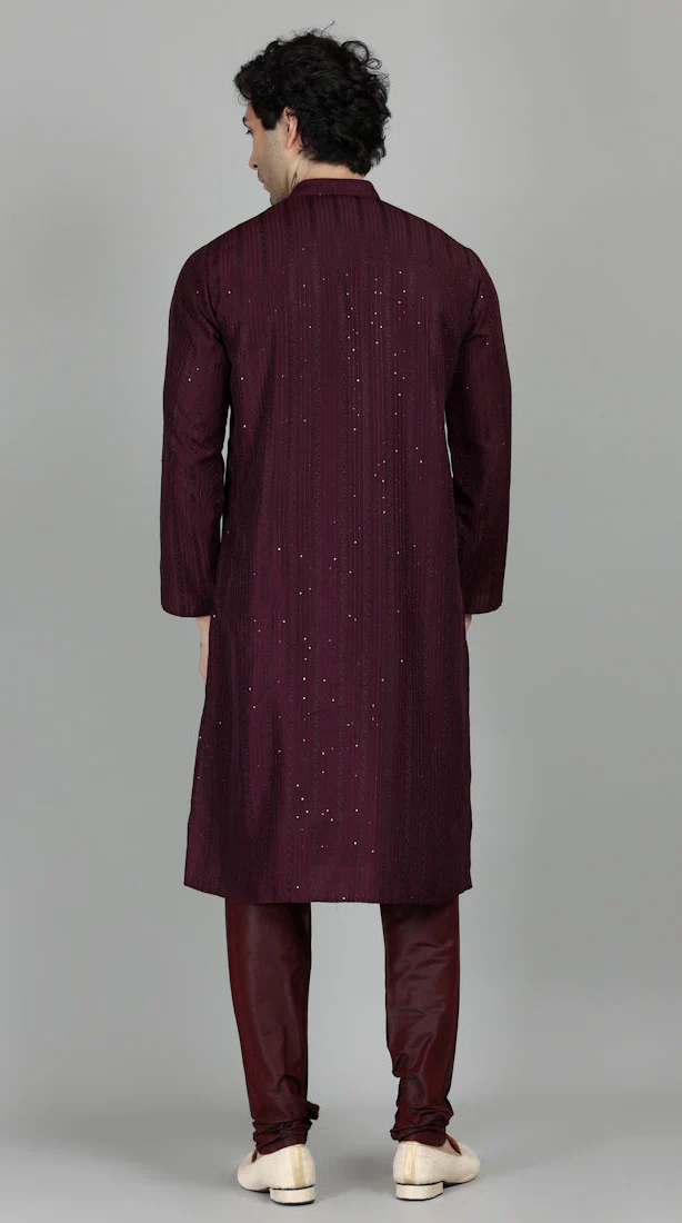 Men's Purple Sequin Embroidered Kurta Payjama Set - Image 3
