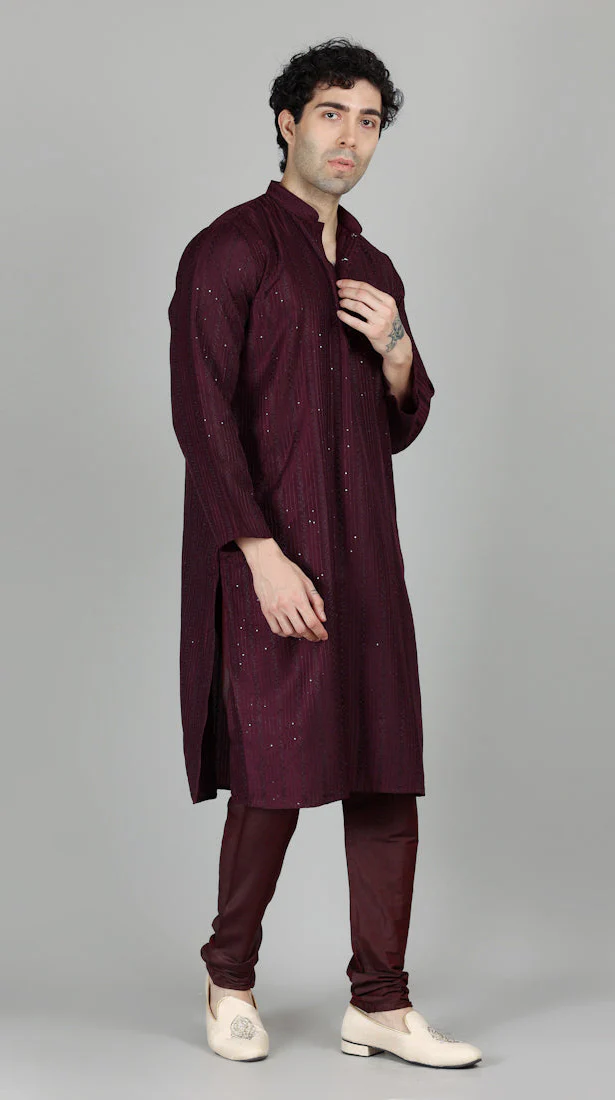 Men's Purple Sequin Embroidered Kurta Payjama Set - Image 4