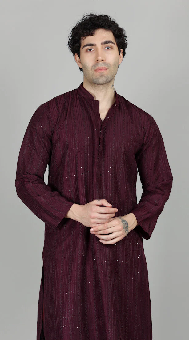 Men's Purple Sequin Embroidered Kurta Payjama Set - Image 5