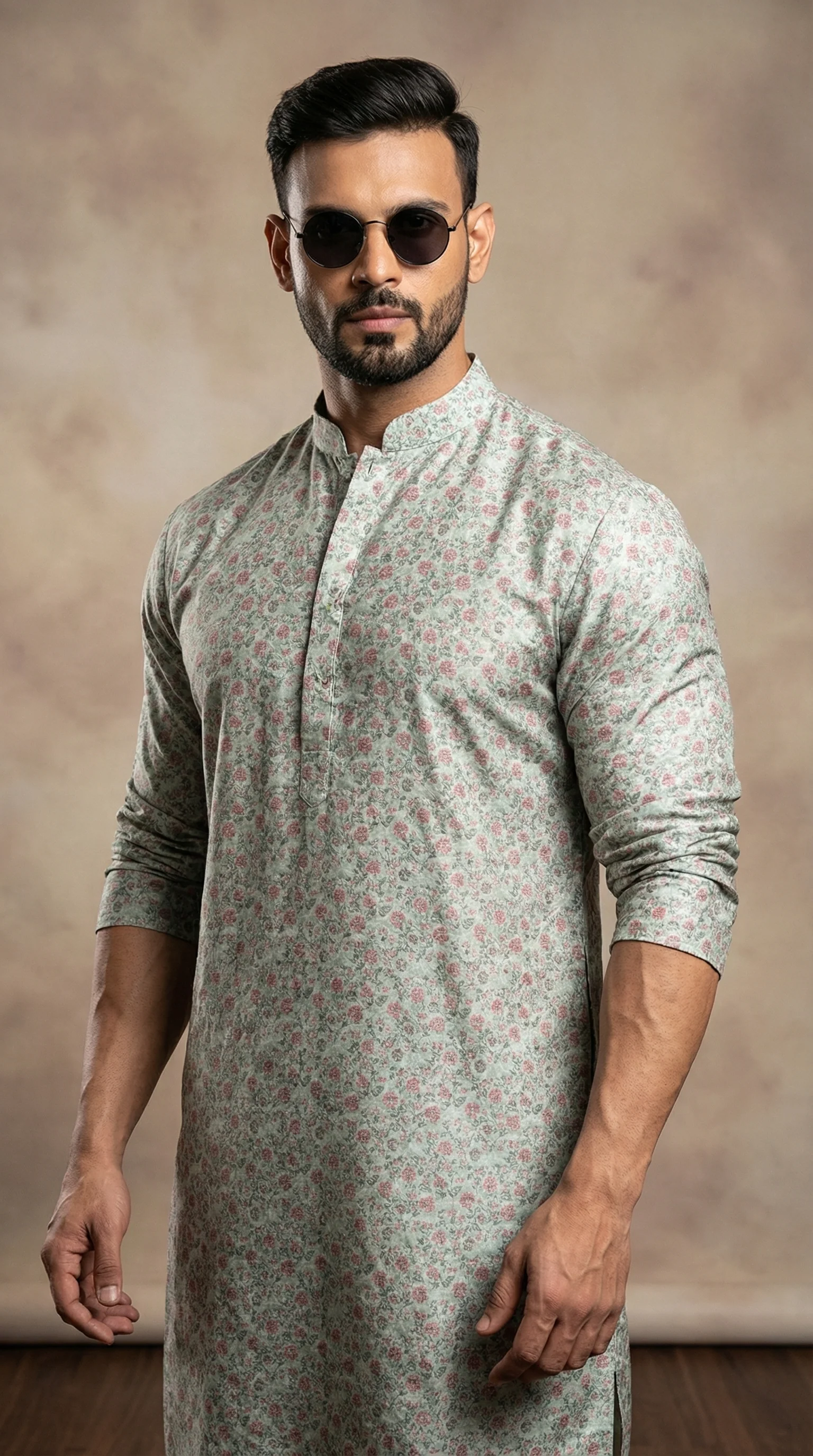 Men's Rose Green Floral Printed Kurta Pyjama Set - Image 2