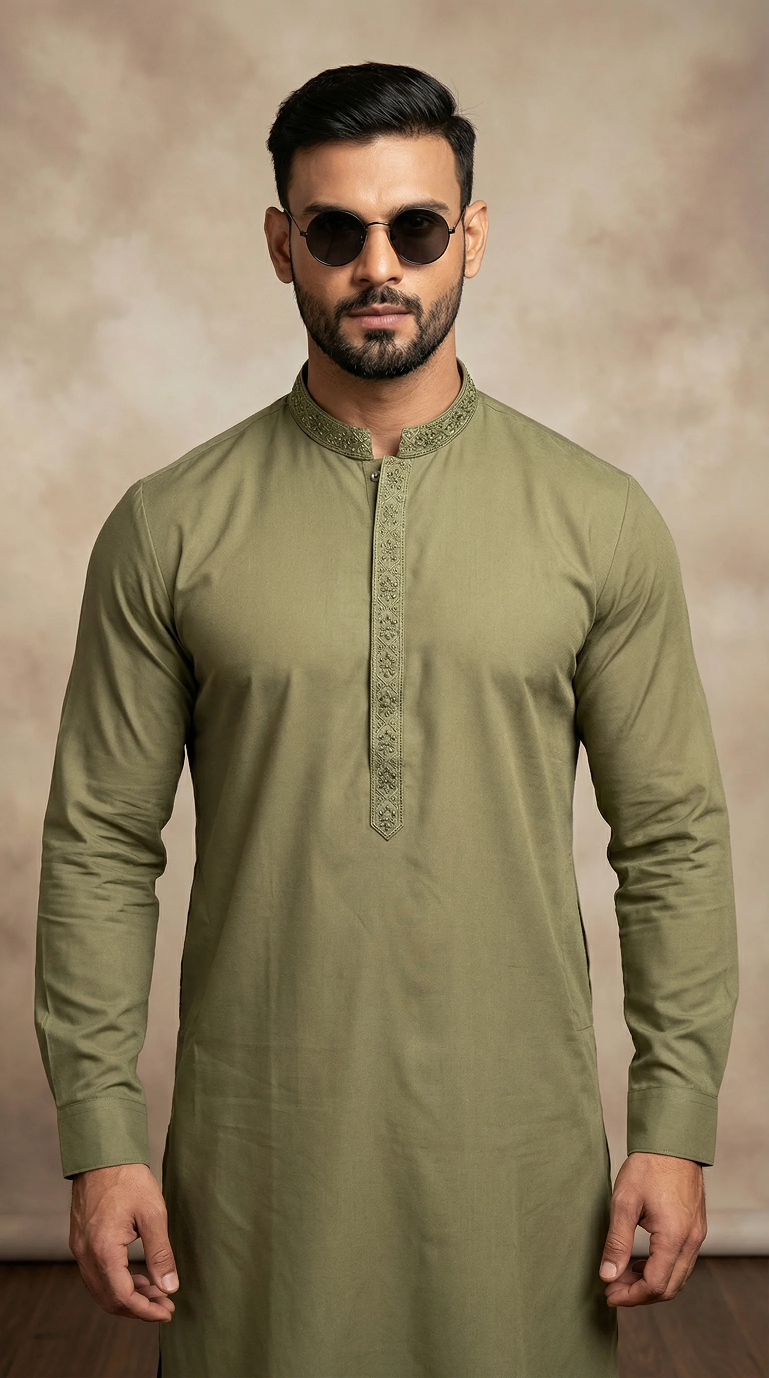 Men’s Sage Green Embroidered Shalwar Kameez - Image 2