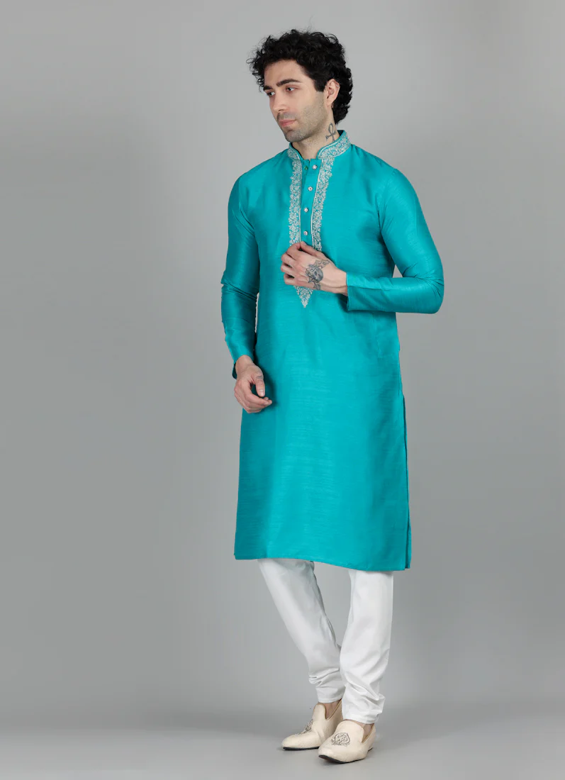 Men's Sea Green Zari Embroidered Kurta Payjama Set - Image 2