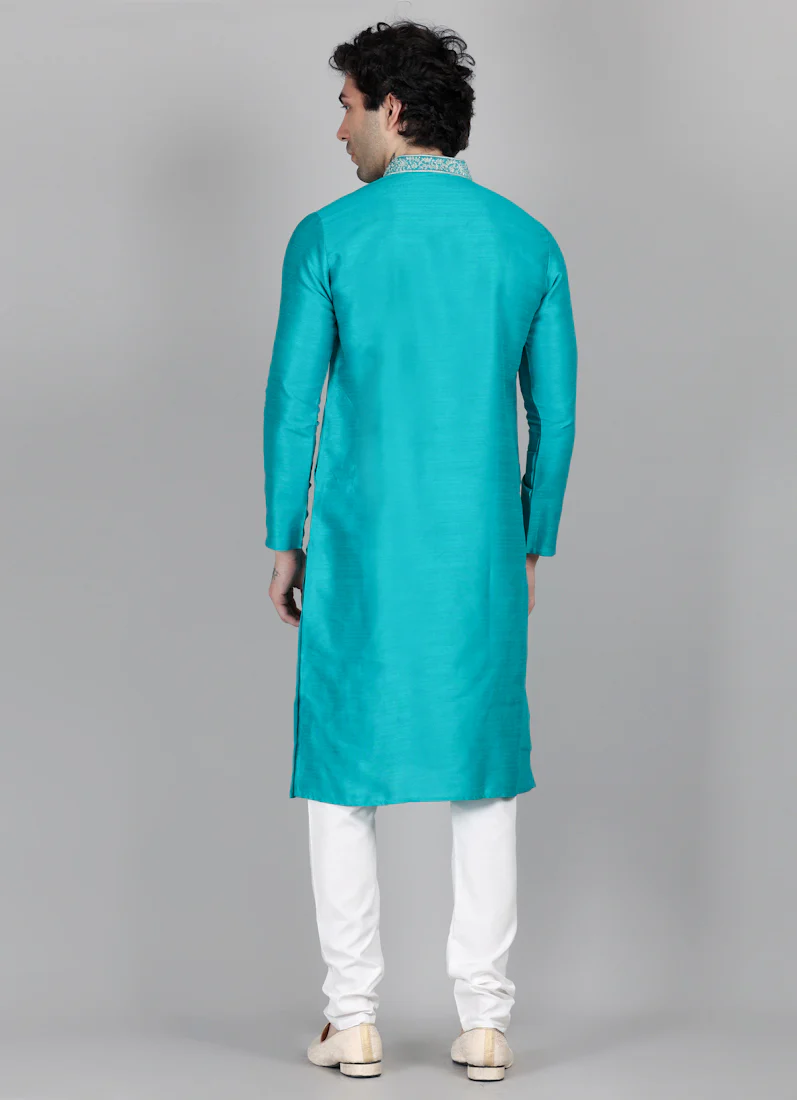 Men's Sea Green Zari Embroidered Kurta Payjama Set - Image 3