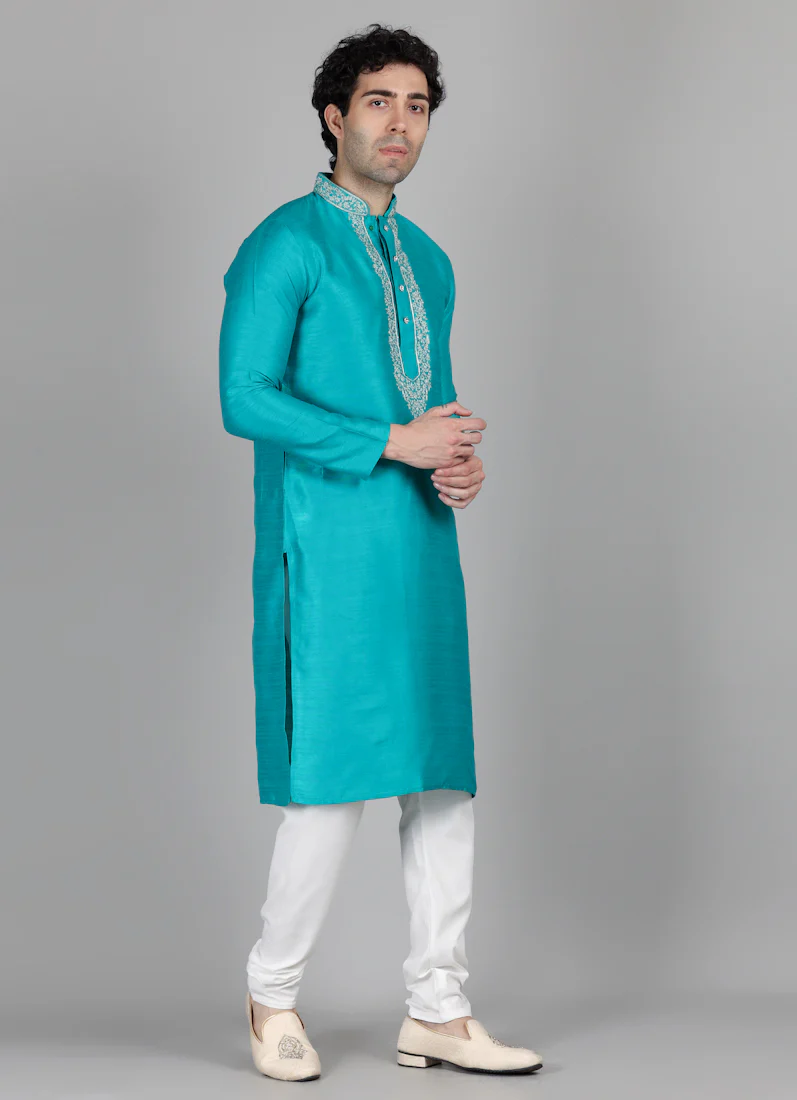 Men's Sea Green Zari Embroidered Kurta Payjama Set - Image 4