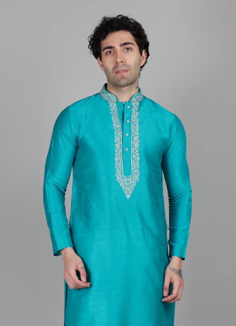 Men's Sea Green Zari Embroidered Kurta Payjama Set - Image 5