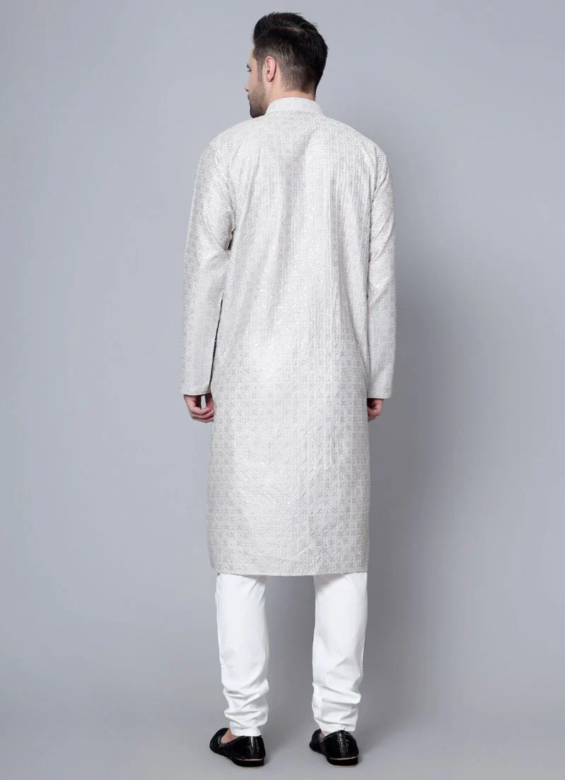 Men's Steel Grey Chikankari Kurta Pajama Set - Image 2