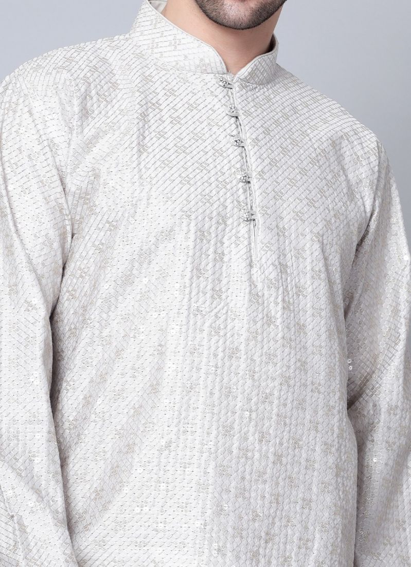 Men's Steel Grey Chikankari Kurta Pajama Set - Image 3