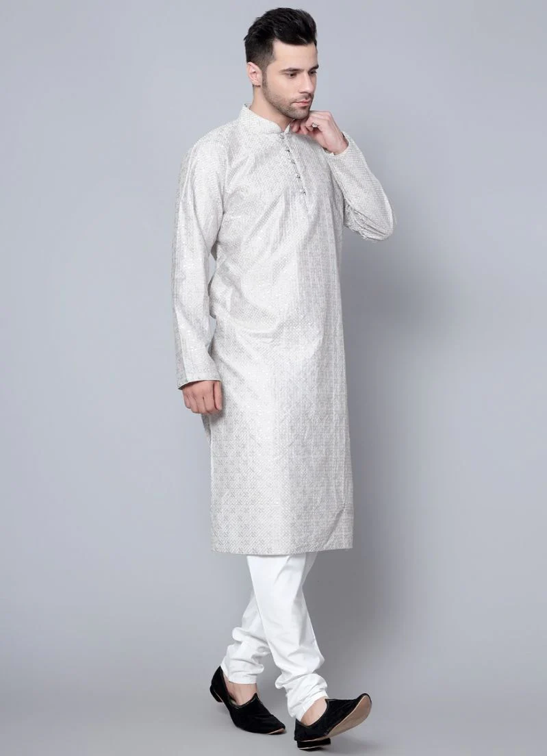 Men's Steel Grey Chikankari Kurta Pajama Set - Image 4