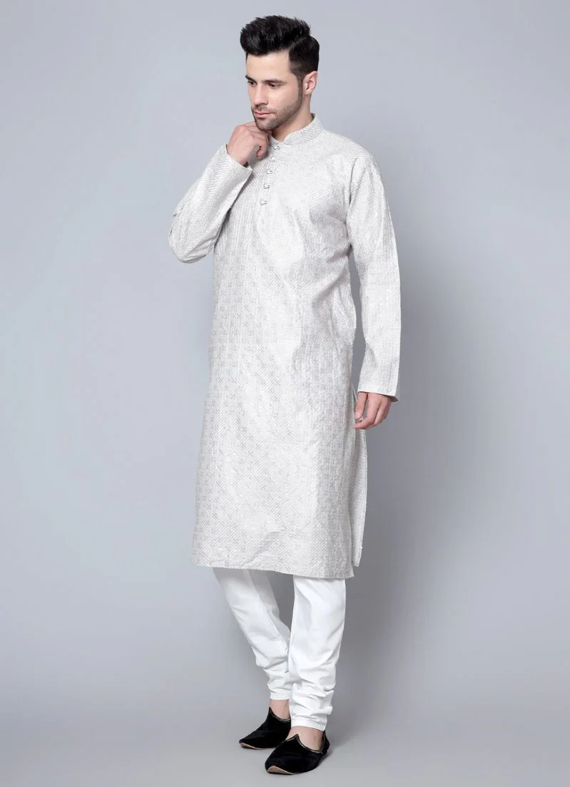 Men's Steel Grey Chikankari Kurta Pajama Set - Image 5