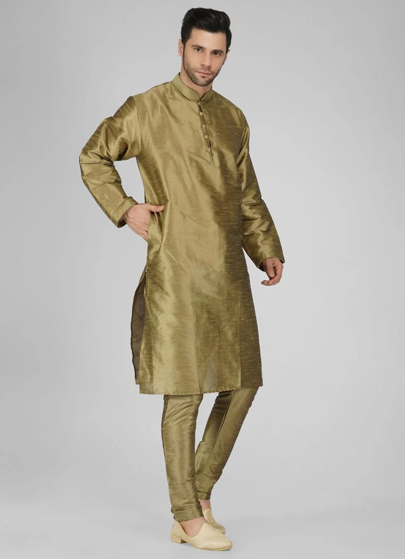 Men's Stylish Gold Kurta Pyjama Set - Image 3