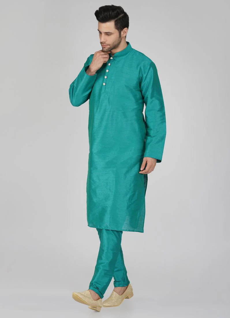 Men's Stylish Teal Kurta Pyjama Set - Image 2