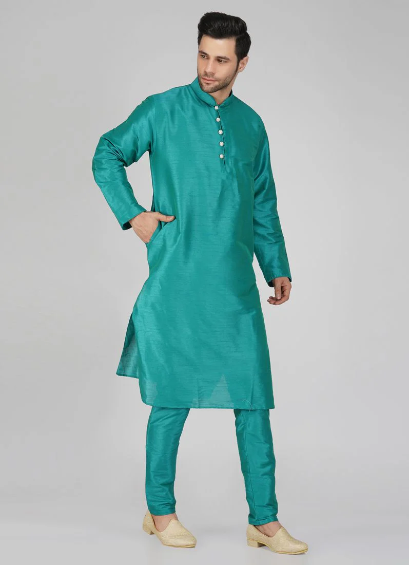 Men's Stylish Teal Kurta Pyjama Set - Image 3