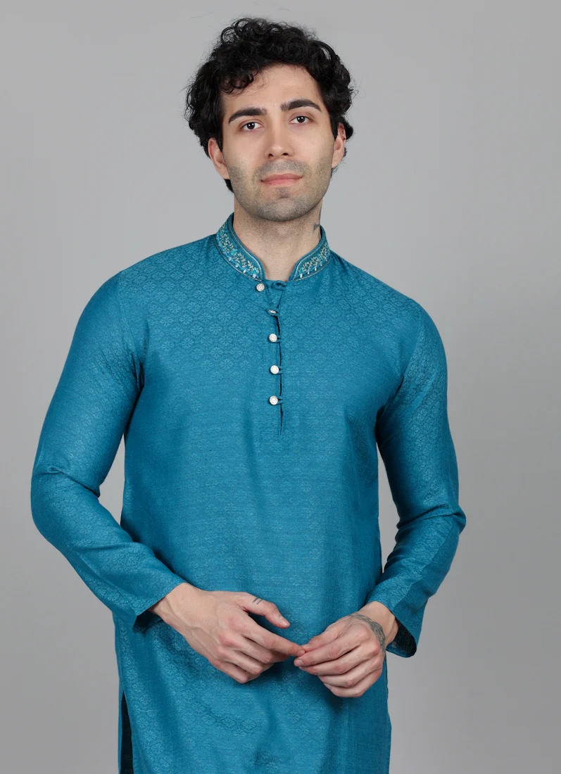Men's Teal Blue Self Resham Jacquard Embroidered Set - Image 2